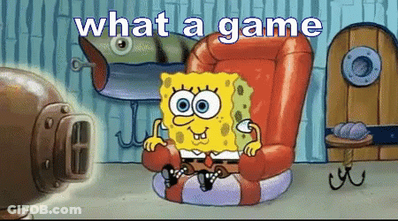 A Cartoon Of Spongebob Sitting In A Chair With The Words What A Game Behind Him GIF