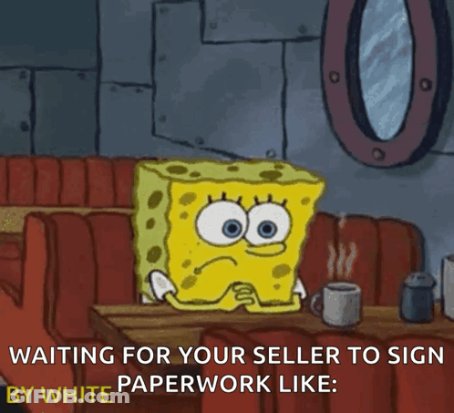 A Cartoon Of Spongebob Sitting In A Diner Waiting For His Seller To Sign A Paperwork GIF