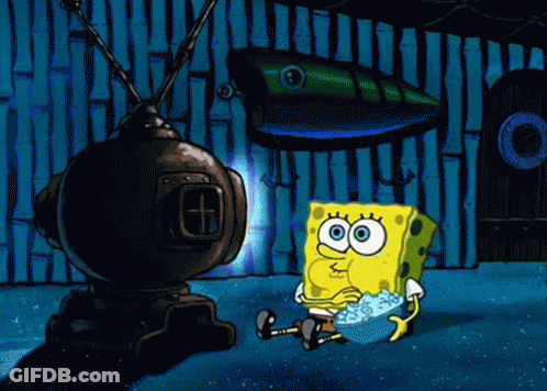 A Cartoon Of Spongebob Sitting In Front Of A Television With The Letter G On It GIF
