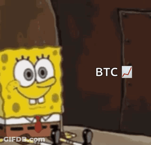 A Cartoon Of Spongebob Sitting In Front Of A Wall With The Word Btc On It GIF