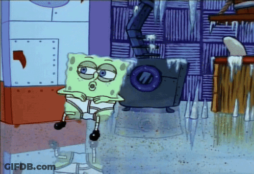 A Cartoon Of Spongebob Sitting In Front Of A Washing Machine With Icicles On It GIF