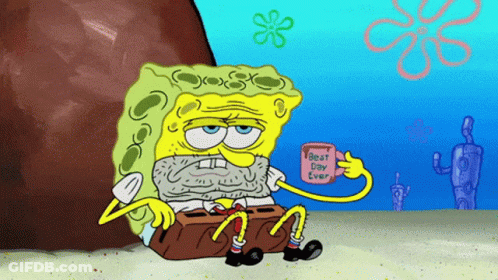 A Cartoon Of Spongebob Sitting In The Sand Holding A Can That Says Best Day Ever GIF