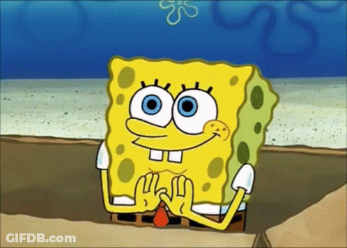 A Cartoon Of Spongebob Sitting On A Rock With His Hands Together GIF