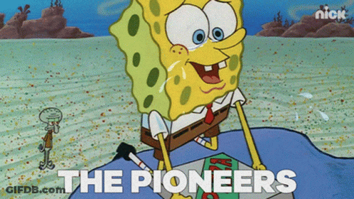 A Cartoon Of Spongebob Sitting On A Rock With The Words " The Pioneers " Below Him GIF