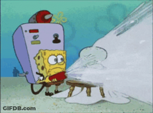 A Cartoon Of Spongebob Sitting On A Stool In Front Of A Machine That Says ' I ' On It GIF