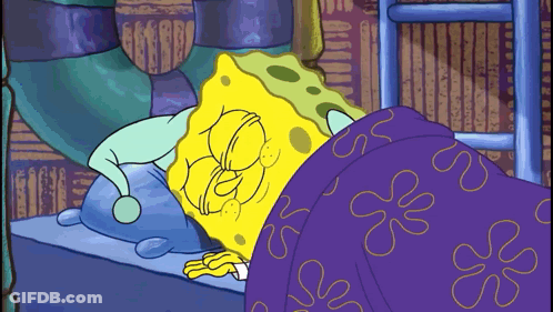 A Cartoon Of Spongebob Sleeping On A Bed With A Purple Blanket GIF
