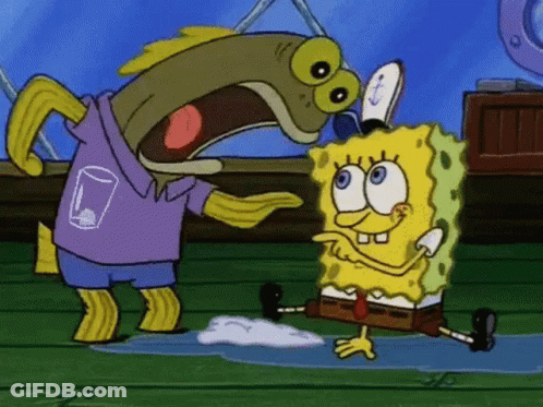 A Cartoon Of Spongebob Squarepants And A Fish Standing Next To Each Other . GIF