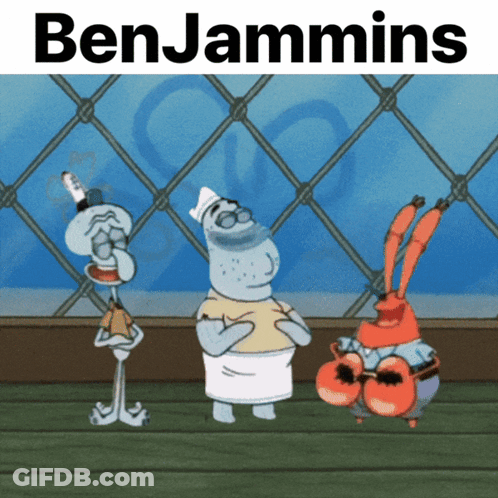 A Cartoon Of Spongebob Squarepants Characters With The Name Benjamins On The Top GIF