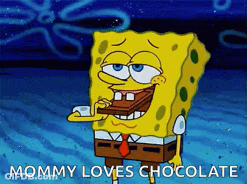 A Cartoon Of Spongebob Squarepants Eating A Piece Of Chocolate And Saying `` Mommy Loves Chocolate '' . GIF