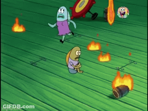A Cartoon Of Spongebob Squarepants Is Sitting On A Wooden Floor Surrounded By Flames . GIF