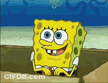 A Cartoon Of Spongebob Squarepants Is Smiling And Sitting On A Rock GIF