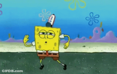 A Cartoon Of Spongebob Squarepants Is Walking On The Beach With A Flower On His Head . GIF