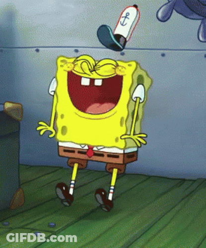 A Cartoon Of Spongebob Squarepants Laughing With A Hat That Says Anchor On It GIF