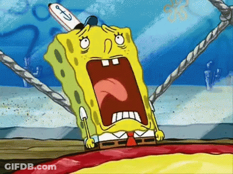 A Cartoon Of Spongebob Squarepants Screaming With His Mouth Open While Holding A Pizza . GIF