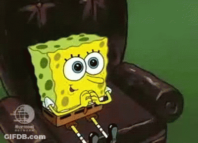 A Cartoon Of Spongebob Squarepants Sitting In A Chair With His Legs Crossed . GIF