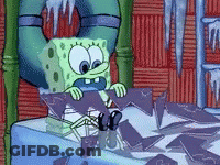 A Cartoon Of Spongebob Squarepants Sitting On A Table With Ice Cubes And A Life Preserver . GIF