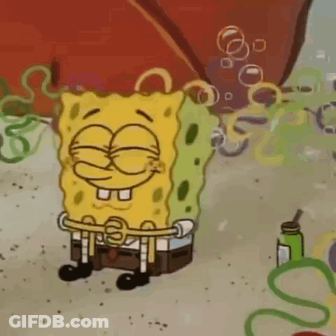 A Cartoon Of Spongebob Squarepants Sitting On The Beach With A Bottle Of Water . GIF