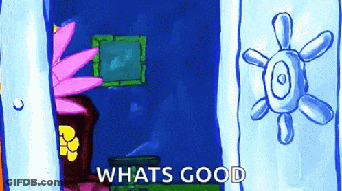 A Cartoon Of Spongebob Squarepants Standing In Front Of A Door With A Picture Of A Flower On It . GIF
