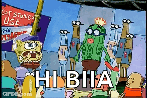 A Cartoon Of Spongebob Squarepants Standing Next To A Cactus With The Words `` Hi Bita '' Written On It . GIF