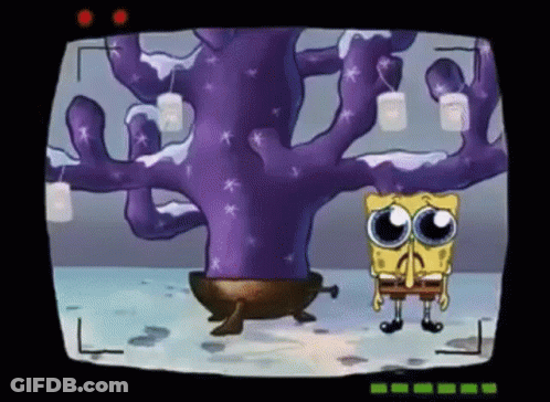 A Cartoon Of Spongebob Squarepants Standing Next To A Purple Tree . GIF