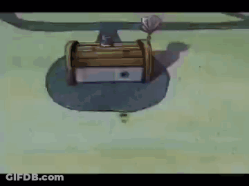 A Cartoon Of Spongebob Squarepants Standing Next To A Treasure Chest In The Ocean . GIF