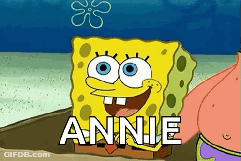A Cartoon Of Spongebob Squarepants Standing Next To Patrick On The Beach With The Name Annie On His Chest . GIF