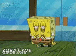A Cartoon Of Spongebob Squarepants Standing On A Wooden Floor With The Words Zora Cave Written On The Bottom . GIF