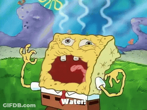 A Cartoon Of Spongebob Squarepants With His Mouth Open And The Words Water Written On His Face . GIF