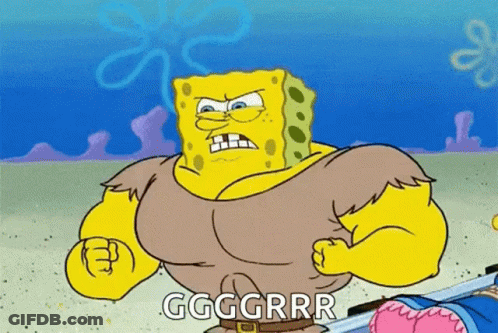 A Cartoon Of Spongebob Squarepants With Muscles And A Sword . GIF