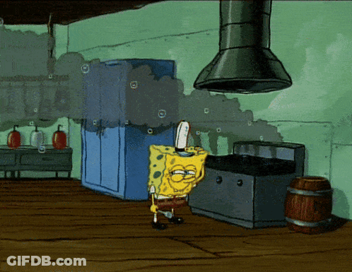 A Cartoon Of Spongebob Standing In A Kitchen With Smoke Coming Out Of The Refrigerator GIF