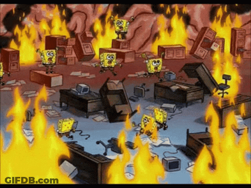 A Cartoon Of Spongebob Standing In A Room Full Of Fire GIF