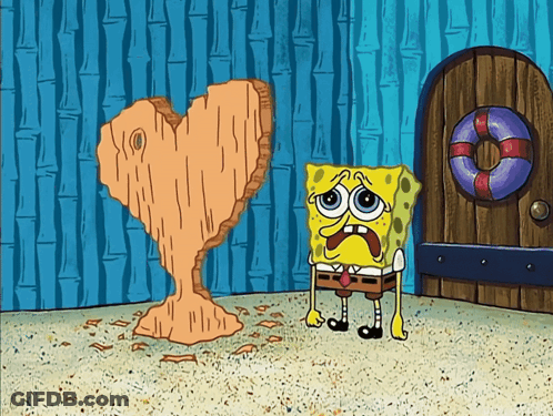 A Cartoon Of Spongebob Standing In Front Of A Heart Shaped Piece Of Wood GIF