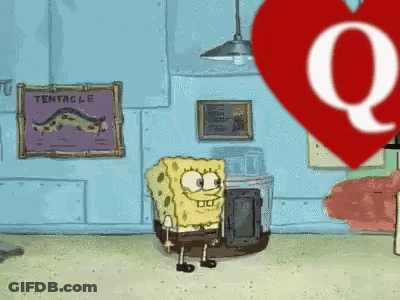 A Cartoon Of Spongebob Standing In Front Of A Heart With The Letter Q On It GIF