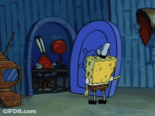 A Cartoon Of Spongebob Standing In Front Of A Large Blue Door GIF