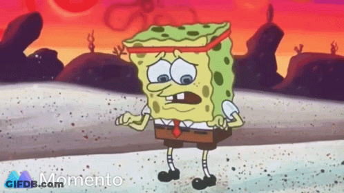 A Cartoon Of Spongebob Standing In The Sand With The Word Momento Written Below Him GIF