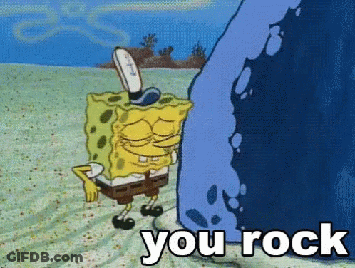 A Cartoon Of Spongebob Standing Next To A Large Rock That Says You Rock GIF