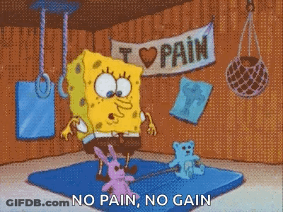 A Cartoon Of Spongebob Standing On A Mat With A Teddy Bear And A Sign That Says I Love Pain GIF
