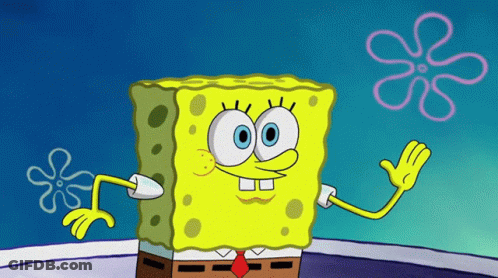 A Cartoon Of Spongebob Waving In Front Of A Sponge Flower GIF