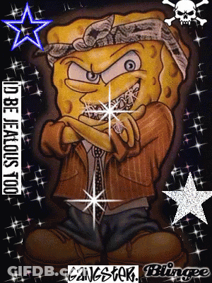 A Cartoon Of Spongebob Wearing A Bandana And A Jacket With The Words Gangster Blingee GIF
