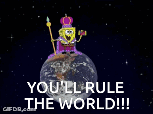 A Cartoon Of Spongebob Wearing A Crown And Holding A Cane On Top Of The Earth GIF