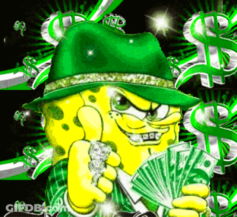 A Cartoon Of Spongebob Wearing A Green Hat Holding A Fan Of Money GIF