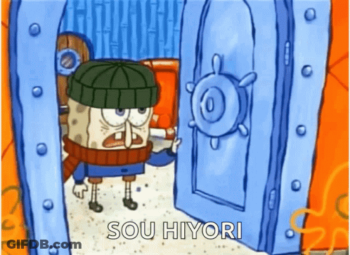 A Cartoon Of Spongebob Wearing A Hat And Scarf Standing In Front Of An Open Door . GIF