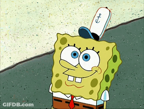 A Cartoon Of Spongebob Wearing A Hat With A Blue Anchor On It GIF