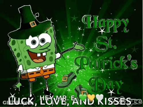 A Cartoon Of Spongebob Wearing A Leprechaun Hat With The Words Happy St. Patrick 'S Day GIF