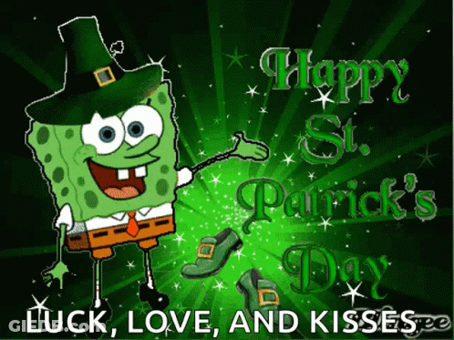 A Cartoon Of Spongebob Wearing A Leprechaun Hat With The Words Happy St. Patrick 'S Day GIF