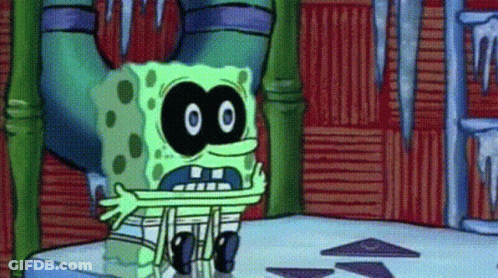 A Cartoon Of Spongebob Wearing A Mask Is Sitting On A Table With Ice Cubes . GIF