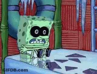 A Cartoon Of Spongebob Wearing A Mask Sitting On A Bed GIF
