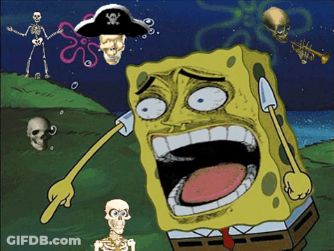 A Cartoon Of Spongebob Wearing A Pirate Hat With Skulls Around Him GIF
