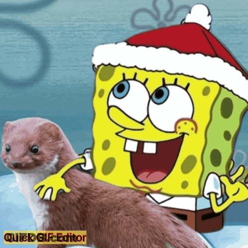 A Cartoon Of Spongebob Wearing A Santa Hat Next To A Ferret GIF