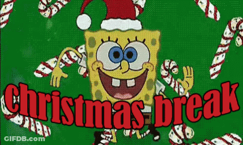 A Cartoon Of Spongebob Wearing A Santa Hat With The Words Christmas Break Below Him GIF